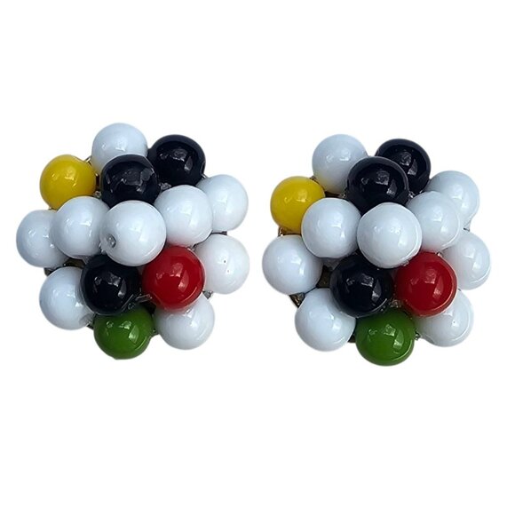 Liz Claiborne Lucite Bead Cluster Clip On Earrings Multicolor Round Dome, Signed - Picture 1 of 11